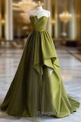 A-Line Off Shoulder Satin Green Long Prom Dresses, Green Formal Dresses